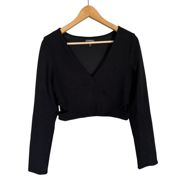 EXPRESS Women Sz S Small Black Countour Textured Cutout Long Sleeve Cropped Top - Picture 2 of 9
